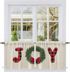 Red Green Christmas Kitchen Tier Curtains 24 Inch Long 2 Panel Set,Rod Pocket Cafe Small Window Curtains Over Sink,Farmhouse Xmas Botanical Winter Short Drapes for Bathroom Cabinet 27.5"W x 24"L