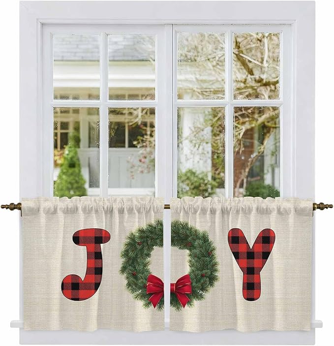 Red Green Christmas Kitchen Tier Curtains 24 Inch Long 2 Panel Set,Rod Pocket Cafe Small Window Curtains Over Sink,Farmhouse Xmas Botanical Winter Short Drapes for Bathroom Cabinet 27.5"W x 24"L