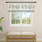 Blue Pink Floral Sheer Valance Curtains, Spring Summer Botanical Linen Black Plaid Light Filtering Kitchen Valances Rod Pocket Voile Curtain Window Treatment for Bedroom/Living Room/Basement 42Wx12L