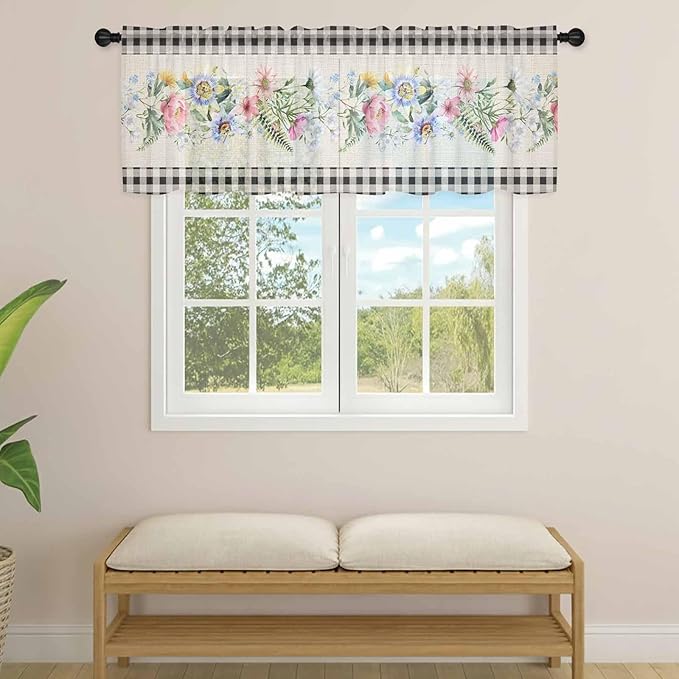 Blue Pink Floral Sheer Valance Curtains, Spring Summer Botanical Linen Black Plaid Light Filtering Kitchen Valances Rod Pocket Voile Curtain Window Treatment for Bedroom/Living Room/Basement 54Wx18L