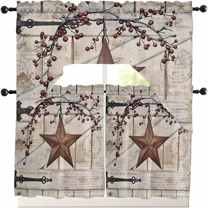 Village Stars Swag Kitchen Curtains Valance and Tier Set, Vintage Rust Yellow Star Berry Beige Barn Doors Light-Filtering Swag Valance 36 Inch Length, Rod Pocket Short Curtain for Bedroom Cafe