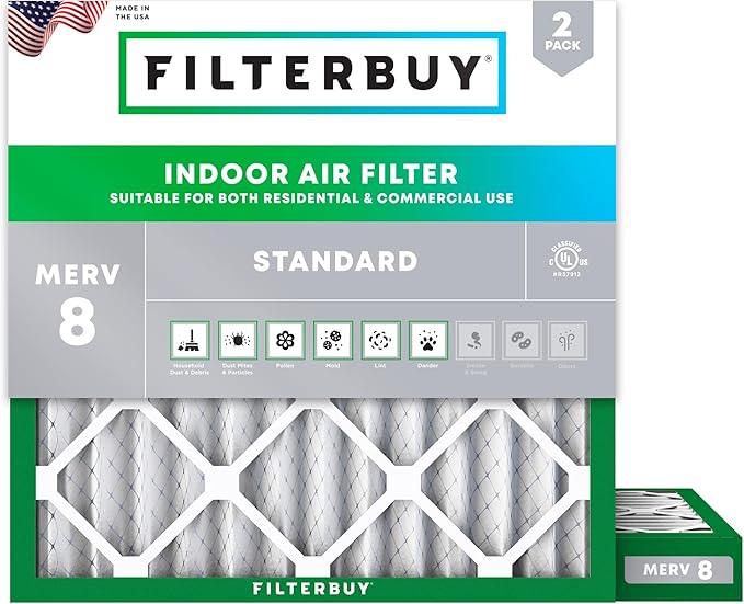 Filterbuy 18x18x2 Air Filter MERV 8 Essential Dust & Allergy Defense (2-Pack), Electrostatic Pleated HVAC AC Furnace Filters Replacement, Made in USA (Actual Size: 17.75 x 17.75 x 1.75)