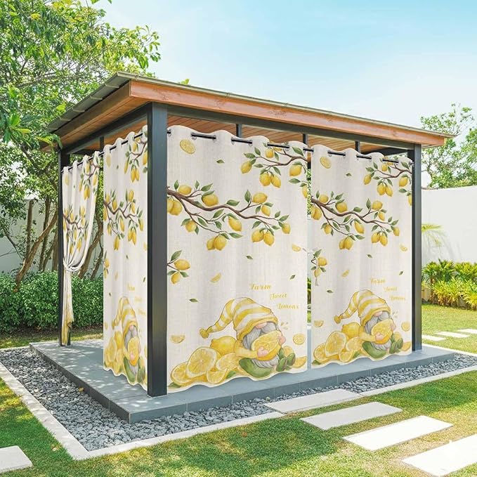 Summer Outdoor Curtains for Patio Lemon Gnome Leaf Linen Texture Waterproof Outside Curtains with Grommet Top Weatherproof Curtain for Cabana Pergola Gazebo, 2 Pack, 54" W x 95" L