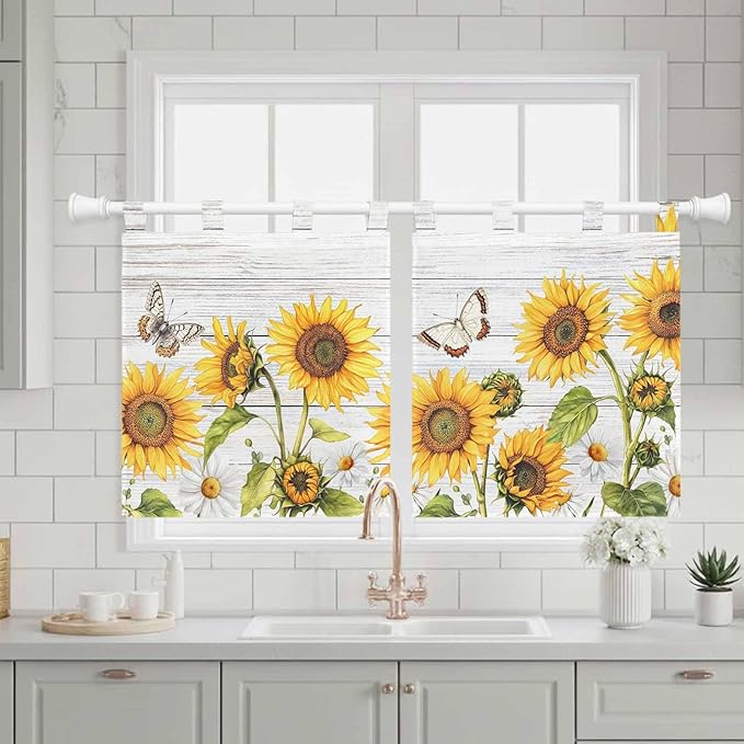Yellow Sunflowers Kitchen Curtains 36 Inch Length, Small Window Curtains Tab Top, Vintage Country Flowers Butterfly Wood Board Light Filtering Short Window Treatments Tier Drapes 27.5"x36" 2 Panel