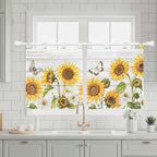 Yellow Sunflowers Kitchen Curtains 36 Inch Length, Small Window Curtains Tab Top, Vintage Country Flowers Butterfly Wood Board Light Filtering Short Window Treatments Tier Drapes 27.5"x36" 2 Panel