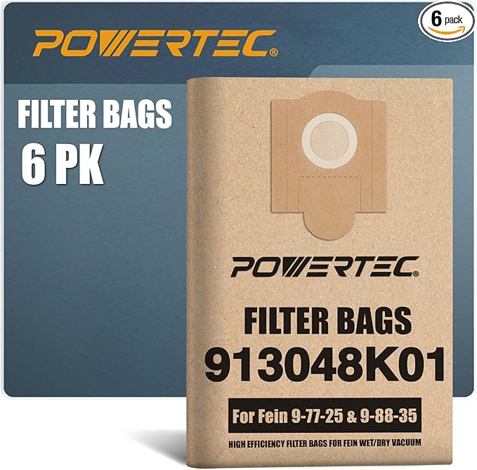 POWERTEC Shop Vacuum Bags 6PK Replacement Filter Bags for Fein Turbo III Wet/Dry Vac Dust Collection Shop Vacuum Accessories