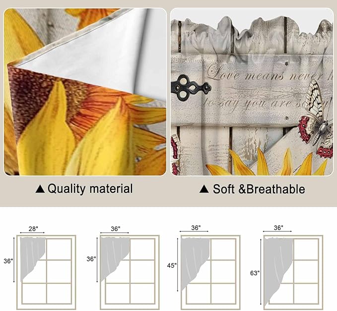 Red Yellow Sunflowers Swag Valances for Windows, Retro Rustic Barn Doors Butterfly Brown Rod Pocket Kitchen Curtains Valance, Small Window Curtains Swag for Cafe Living Room, 2 Panels, 36x36 inch