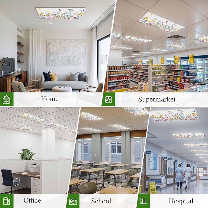 Fluorescent Light Covers for Ceiling Lights Spring Flowers Magnetic Light Filters 4 Pack 4x2 ft Daisy Butterflies Dragonfly Ceiling Lights Cover for Classroom Office School Home Drop Lamp Decor