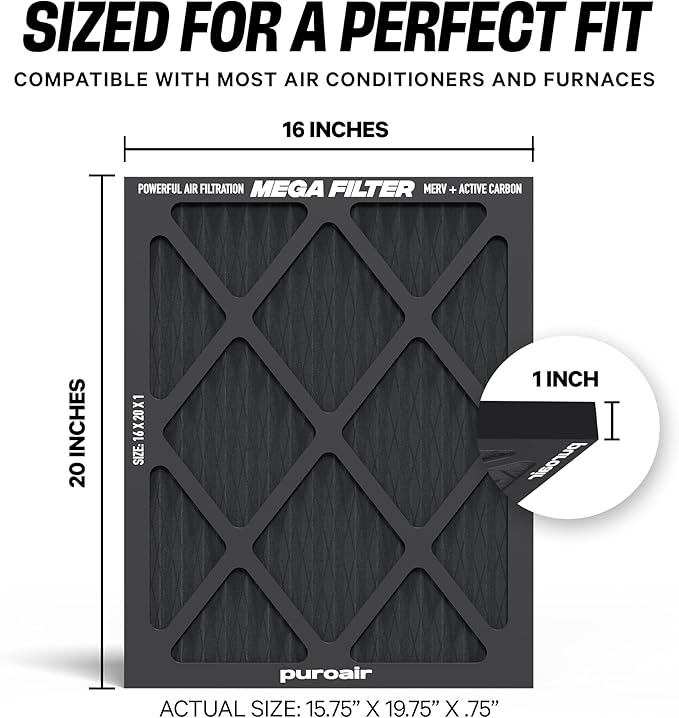 PuroAir MegaFilter - 16x20x1 Air Filter MERV 13 Activated CarbonTech Defense - Heavy Duty 3 Layer Furnace Filters Allergens, Pollen, Dust, Pet Dander, Smoke, Odors - HVAC Air Filter 16x20x1 (2-Pack)