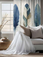 Sheer Curtains 63 Inch Length, Boho Blue Feathers Semi Sheer Curtains Light Filtering Window Treatment, Farmhouse Vintage Wooden Grain Privacy Voile Drapes for Living Room Bedroom 52x63 Inch