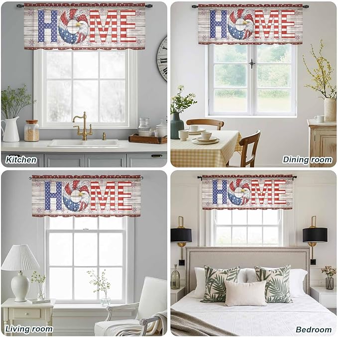 4th of July Sheer Valances for Windows 54"x18", Light Filtering Kitchen Curtains Valance, Stars Striped Farmhouse American Flag Wood Grain Rod Pocket Chiffon Curtains for Living Room Bedroom Cafe