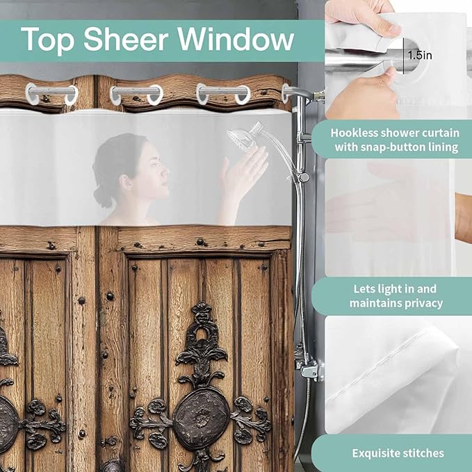 Wood Barn Door No Hook Shower Curtain with Snap in Liner Set, Waterproof Shower Curtains for Bathroom, Wooden Plank Fabric Shower Curtain, See Through Mesh Top Window, 54" W x 78" L