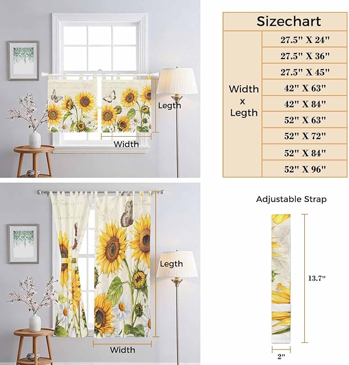 Farm Sunflowers Living Room Curtains 84 Inch Length, Window Curtains Tab Top, Retro Flowers Butterfly Botanical Beige Light Filtering Window Treatments Drapes 42"x84" 2 Panel