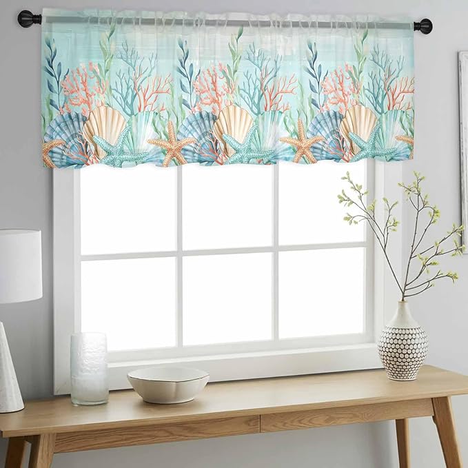 Summer Beach Sheer Valance Curtains, Green Ocean Colorful Coral Shell Seaweed Starfish Light Filtering Kitchen Valances Rod Pocket Voile Curtain Treatment for Bedroom/Living Room/Basement 60Wx18L