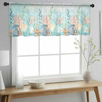 Summer Beach Sheer Valance Curtains, Green Ocean Colorful Coral Shell Seaweed Starfish Light Filtering Kitchen Valances Rod Pocket Voile Curtain Treatment for Bedroom/Living Room/Basement 42Wx18L