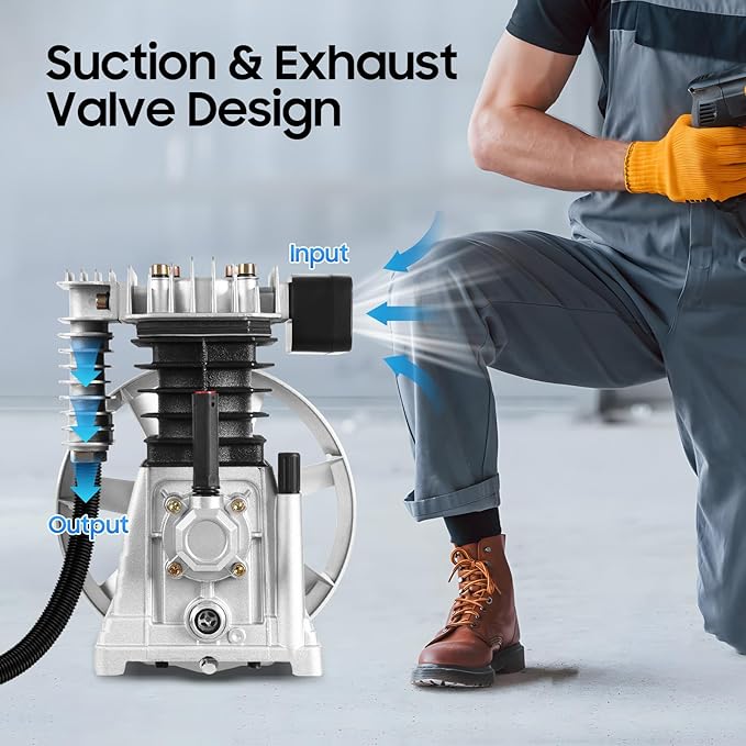 3HP Air Compressor Pump Head with Suction Valve and Cooling Fan Piston Cylinder Assembly for High Output Garage or Industrial Use
