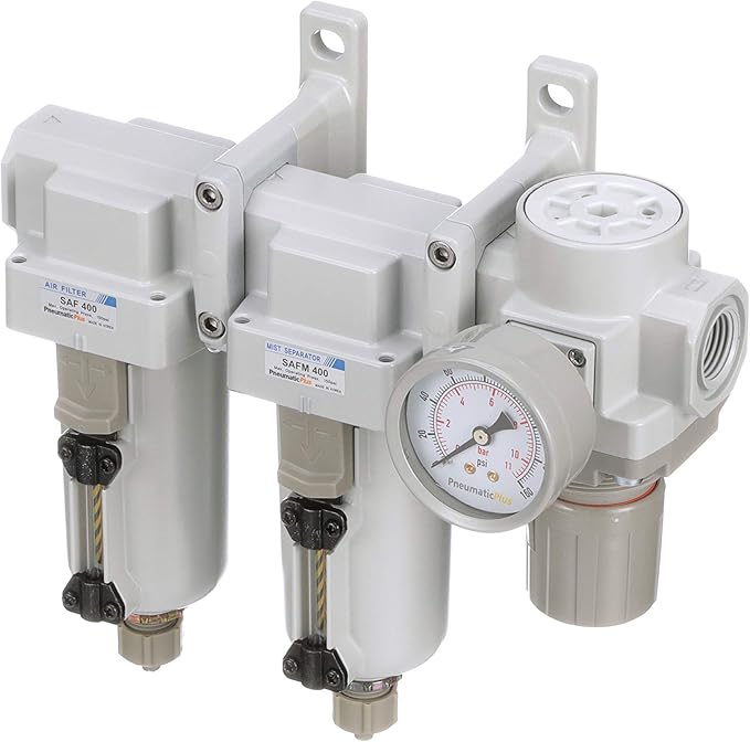 PneumaticPlus SAU430-N04G-MEP 3 Stage Compressed Air Filter Dryer System - Particulate Air Filter, Coalescing Air Filter, Compressed Air Pressure Regulator Combo, 1/2" NPT - Metal Bowl, Manual Drain