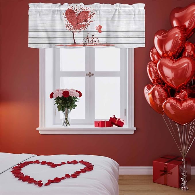 Valentine's Day Valance Curtains for Kitchen, Red Love Trees Bicycles Balloons Wood Grain Privacy Rod Pocket Valance Curtain, Light-Filtering Window Treatment for Bedroom Bathroom, 54"x18"