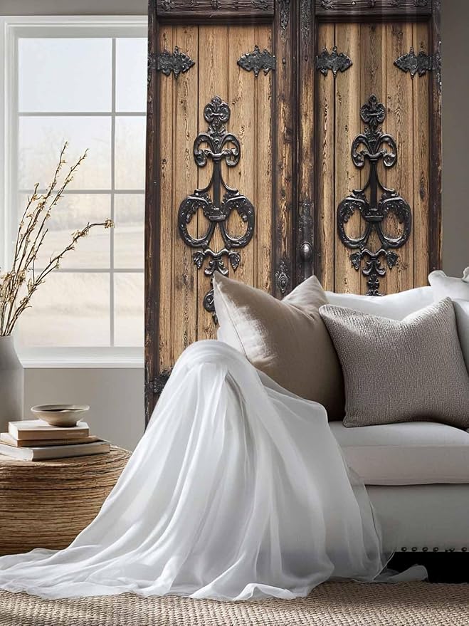 Sheer Curtains 72 Inches Long, Barn Door Semi Sheer Curtains Light Filtering Window Treatment, Farmhouse Wooden Grain Rustic Tribal Pattern Privacy Voile Drapes for Living Room Bedroom 52x72 Inch