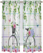 Spring Kitchen Curtains, Bicycles Botanical Leaves Rose Colorful Stripes Light Filtering Window Curtain Panels, 2Pcs Rod Pocket Window Treatments Set for Living Room Bathroom Bedroom 52x72 Inches