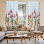 Easter Window Curtains 72 Inch Long 2 Panel Set,Rod Pocket Long Curtains & Drapes,Spring Bunny Colorful Eggs Tulip Flowers Blue Check Light Filtering Window Treatment for Bedroom 52"W x 72"L