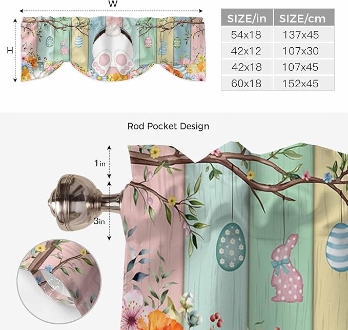 Easter Tie Up Valance Curtains for Windows, Kitchen Curtains Window Shades, Spring Colorful Bunny Eggs Flower Wood Grain Light Filtering Roman Curtain Valances for Bedroom/Bathroom/Cafe 54"x18"