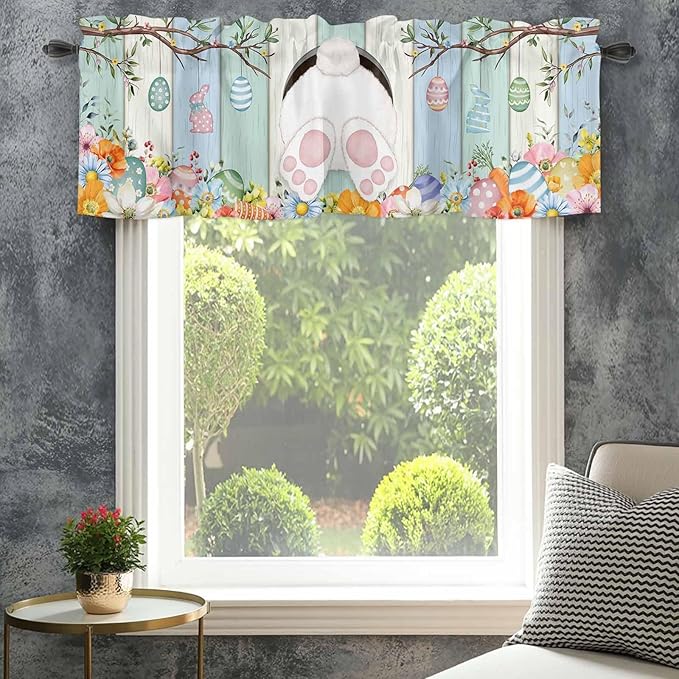 Easter Curtain Valances for Windows, Kitchen Valance Window Treatment, Spring Watercolor Bunny Eggs Wood Grain Teal Blue Light Filtering Block Curtains for Bathroom/Bedroom/Living Room 42'' x 12''