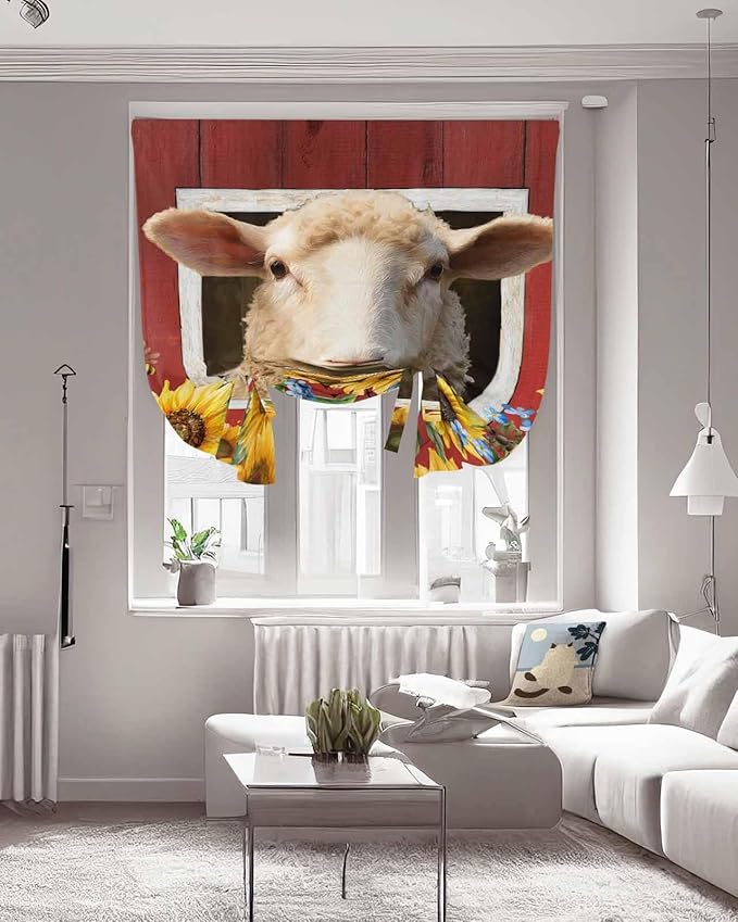 Tie Up Curtains for Windows, Sheep Sunflower Adjustable Balloon Nature Linen Textured Kitchen Curtain, Country Red Farm Barn Spring Flowers Room Darkening Curtains for Glass Door, 42 x 45 in