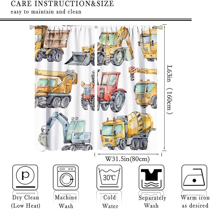 Kids Excavator Curtains, Retro Truck Tractor Machinery Construction Vehicle Crane Digger Mixer Rod Pocket Decorative Windows Curtain for Teens Girls Boys Room 63x63in (30% Blackout)