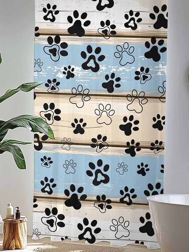 Sheer Curtains 84 Inches Long, Blue Beige Paw Print Semi Sheer Curtains Light Filtering Window Treatment, Vintage Farmhouse Rustic Wooden Grain Privacy Voile Drapes for Living Room Bedroom 52x84 Inch