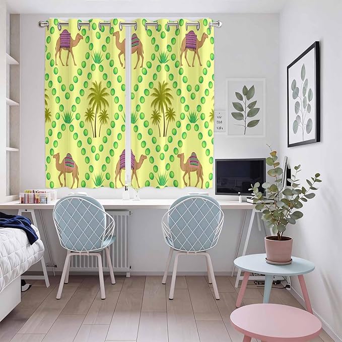 2 Panel Kitchen Cafe Curtains, Desert Sand Camels Sunlight Filtering Nature Air Through, Window Decor Tier Curtains for Living Room 104W x 63L inch Palm Trees Tropical Plants Polka Dot Yellow