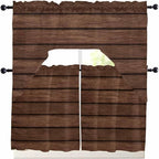 Brown Wooden Board Swag Kitchen Curtains Valance and Tier Set, Vintage Wood Grain Farmhouse Barn Themes Light-Filtering Swag Valance 24 Inch Length, Rod Pocket Short Curtain for Bedroom Cafe