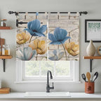 Blue Yellow Tulips Kitchen Curtains 45 Inch Length, Short Cafe Window Curtains Tab Top, Retro Farmhouse Flower Barn Doors Wooden Light Filtering Window Treatments Tier Drapes 27.5"x45" 2 Panel
