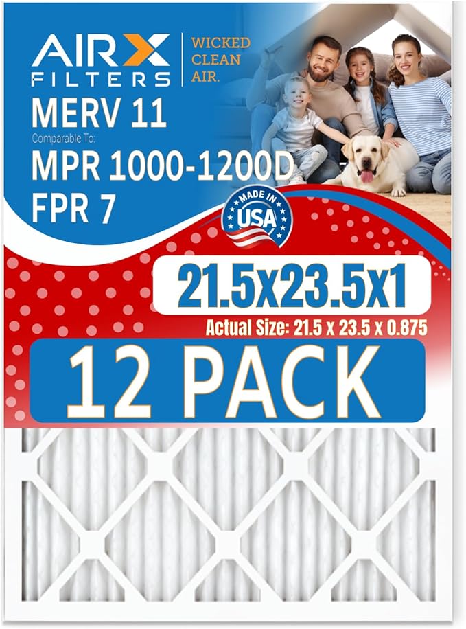 21.5x23.5x1 Air Filter MERV 11 Rating, 12 Pack of Furnace Filters Comparable to MPR 1000, MPR 1200 & FPR 7 - Made in USA by AIRX FILTERS WICKED CLEAN AIR.