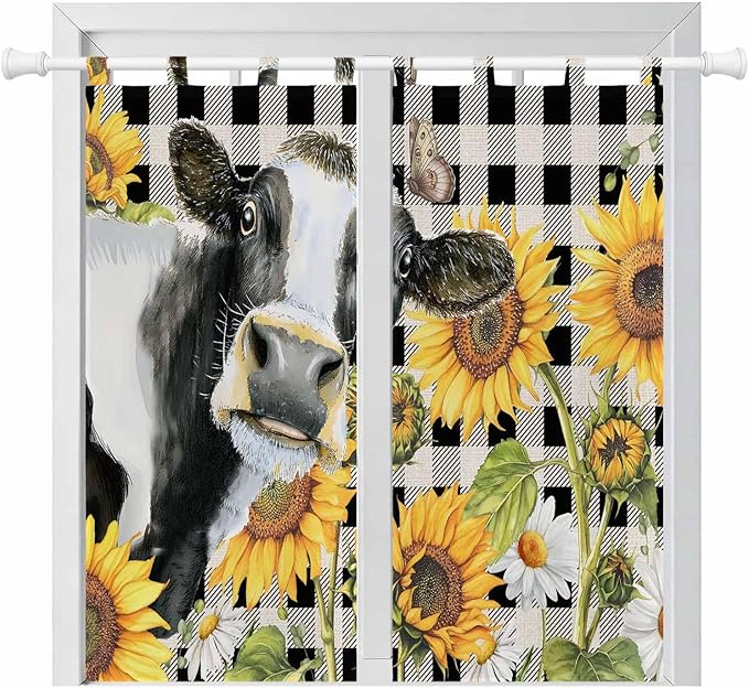 Retro Sunflowers Bathroom Curtains 63 Inch Length, Window Curtains Tab Top, Farmhouse Floral Cow Butterfly Black Plaid Light Filtering Window Treatments Drapes 52"x63" 2 Panel