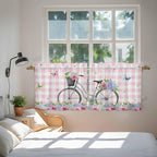 Spring Tier Curtains, Bicycles Leaves Butterfly Flowers Pink Buffalo Plaid Light Filtering Kitchen Curtains, 2Pcs Rod Pocket Half Window Treatments Panels for Sink Cafe Cabinet Camper 27.5x24 Inches