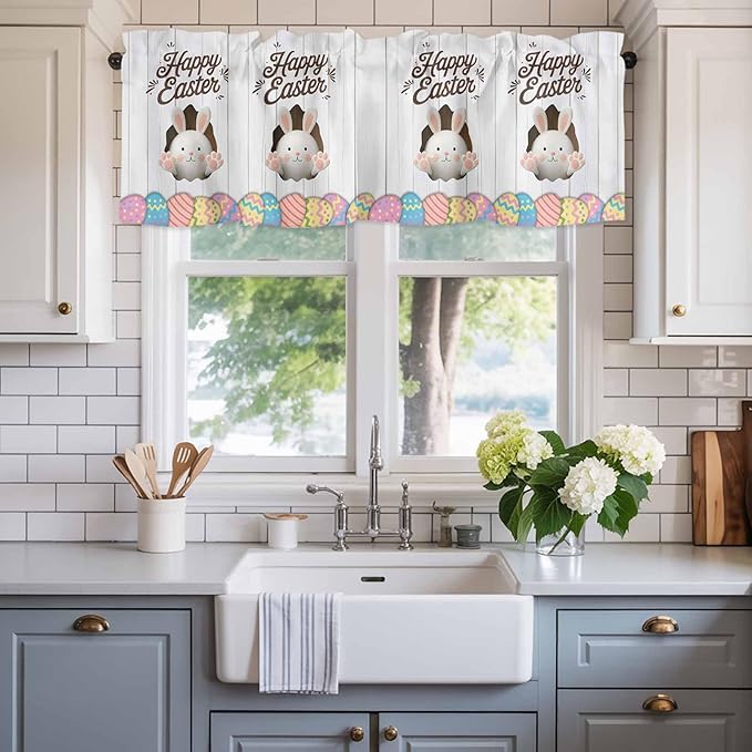 Grey Easter Curtain Valances for Windows, Kitchen Valance Window Treatment, Spring Cartoon Bunny Colorful Eggs Wood Grain Light Filtering Block Curtains for Bathroom/Bedroom/Living Room 60'' x 18''