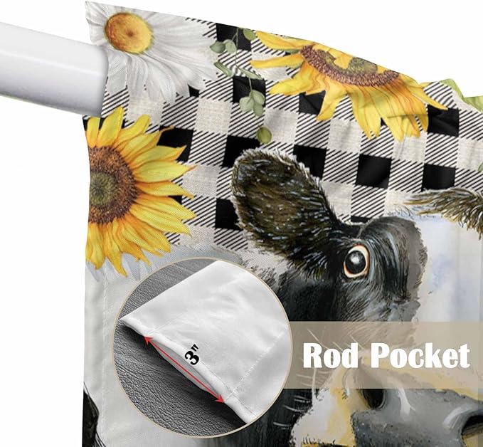 Retro Sunflowers Swag Valances for Windows, Farmhouse Floral Cow Butterfly Black Plaid Rod Pocket Kitchen Curtains Valance, Kitchen Window Curtains Swag for Cafe Living Room, 2 Panels, 36x45 inch
