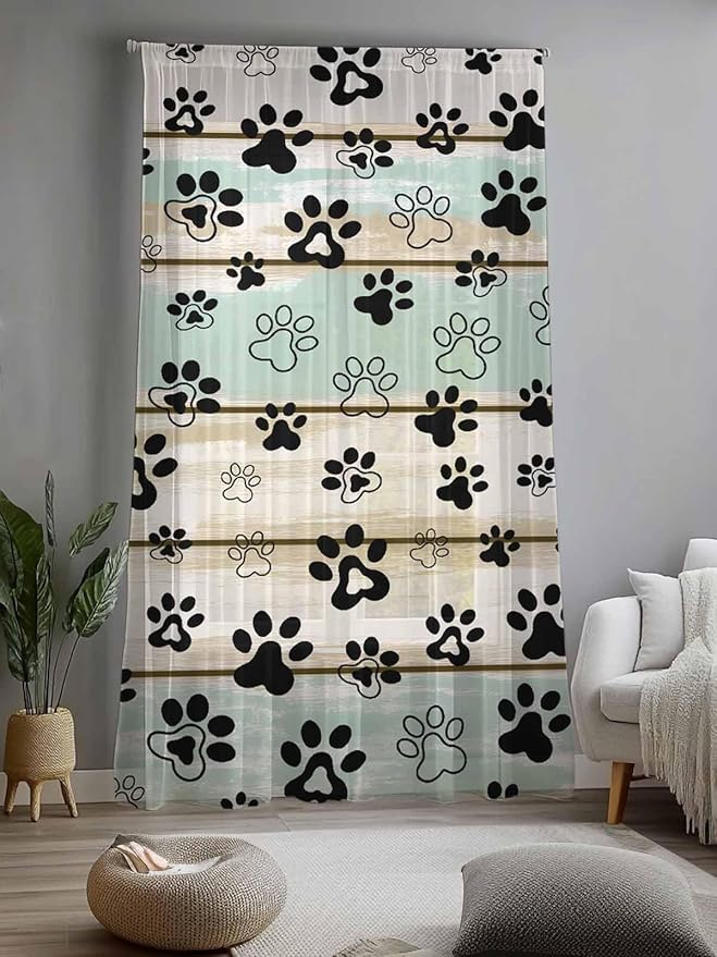Sheer Curtains 84 Inches Long, Sage Green Beige Farmhouse Semi Sheer Curtains Light Filtering Window Treatment, Black Dog Paw Vintage Wooden Privacy Voile Drapes for Living Room Bedroom 52x84 Inch