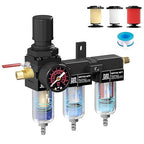 NEWPO 1/4" NPT Air Drying System,Air Filter Pressure Regulator for Spray Guns and Pnuematic Tools, Air Dryer for Compressor, 5＆0.5&0.01 Micron Filter Cartridge,Semi-Auto Drain (Black)