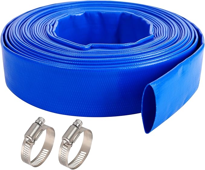 2" x 100 FT Pool Backwash Hose Blue Heavy Duty Reinforced PVC Lay Flat Water Discharge Hose for Swimming Pool Filter Pump,with 2 Clamp