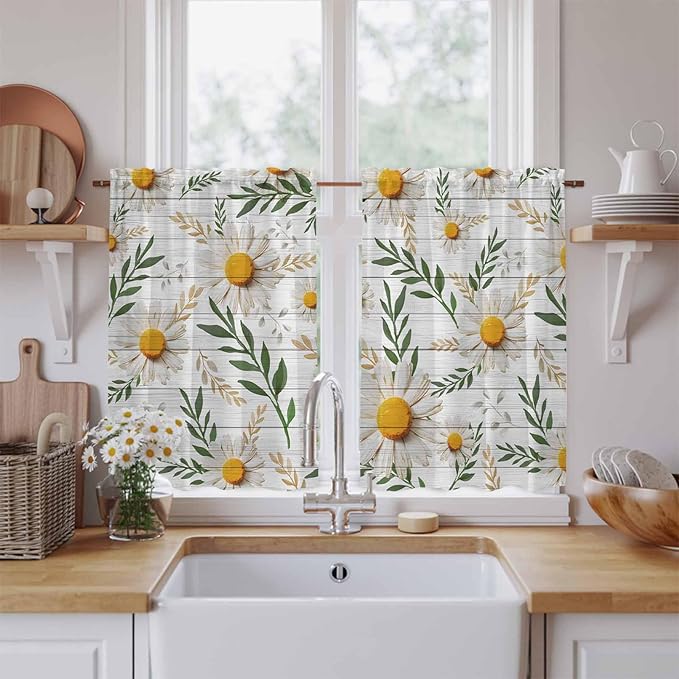 Spring Daisy Kitchen Curtains, Farmhouse Country Flower Leaf Plant Wood Grain Light Filtering Window Curtain Panels, 2Pcs Rod Pocket Window Treatments Set for RV Dining Room Study Room 42x45 Inches