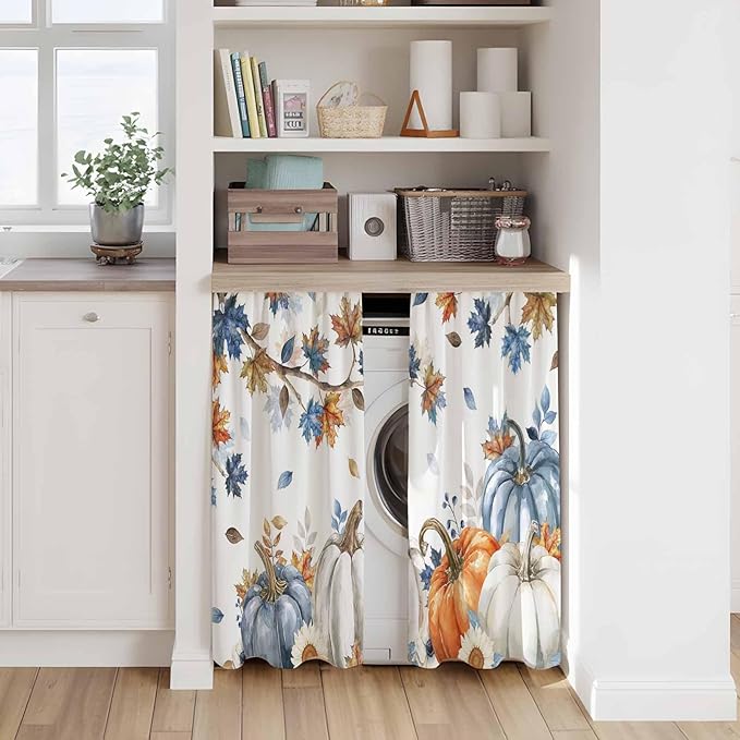 Navy Blue Pumpkin Fall Kitchen Curtains 54 Inch Long 2 Panel Set,Rod Pocket Window Curtains Panels,Thanksgiving Maple Leaves Branches Light Filtering Drapery Draperies for Bathroom Bedroom 52"W x 54"L