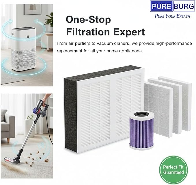 PUREBURG Replacement Filter Compatible with Dhyala KJ02 Air Purifier,2-Pack HEPA Activated Carbon 2-in-1 & 4 Pre-Filters For Air Clean Dust VOCs Odor 3-Stage Filtration