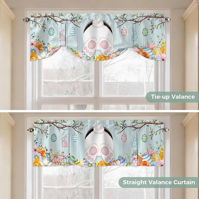 Easter Bunny Tie Up Valance Curtains for Windows, Kitchen Curtains Window Shades, Easter Eggs Spring Farmhouse Wood Grain Teal Blue Light Filtering Curtain Valances for Bedroom/Bathroom/Cafe 42"x18"