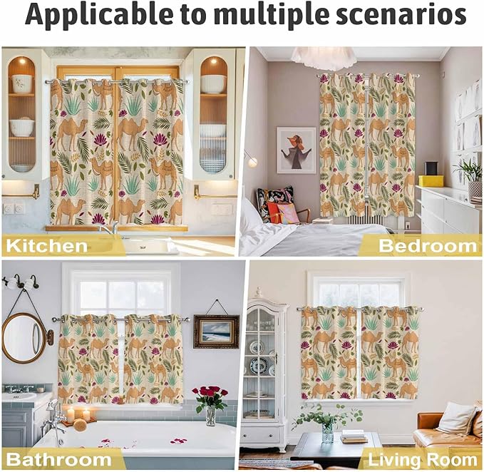 2 Panel Kitchen Cafe Curtains, Desert Camels Sunlight Filtering Nature Air Through, Home Decor Window Covering Tier Curtains for Living Room 104W x 72L inch Vintage Sand Animals Aloe Vera Leaves Beige