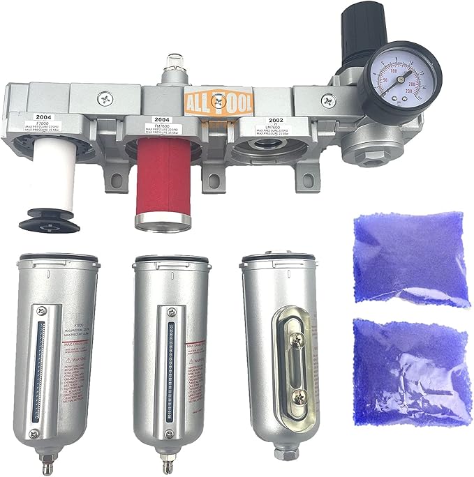 1/2" NPT HEAVY DUTY Industrial Grade 4 Stages Filter Coalescing Desiccant Dryer Regulator System For Compressed Air Lines, Metal Bowls, Great For Paint Spray And Plasma Cutter (MANUAL DRAIN)