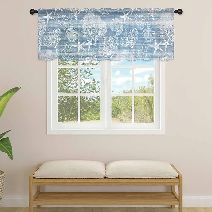 Haze Blue Retro Summer Sheer Valance Curtains, Sea Turtle Starfish Coral Ocean Light Filtering Kitchen Valances Rod Pocket Voile Curtain Window Treatment for Bedroom/Living Room/Basement 54Wx18L