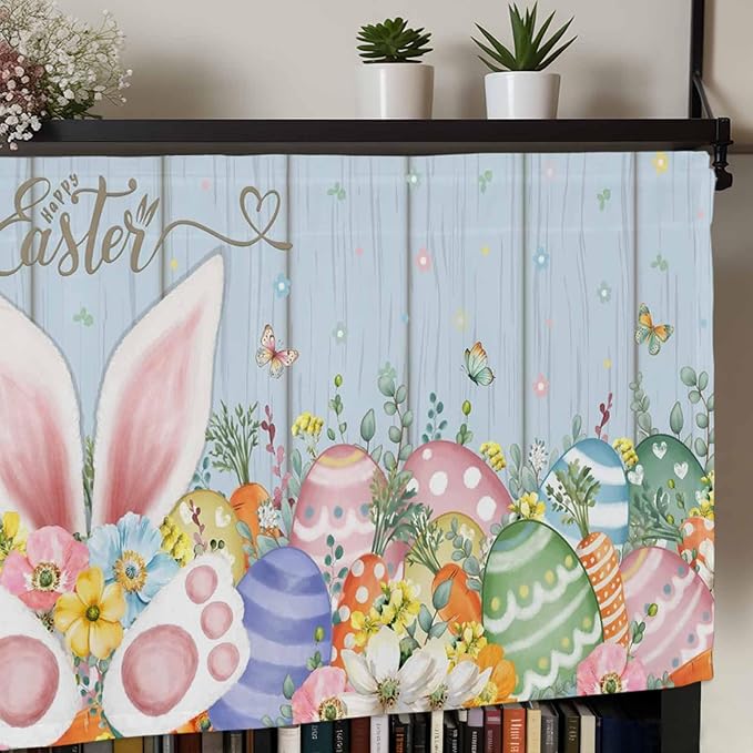 Easter Curtain Valances for Windows, Kitchen Valance Window Treatment, Spring Eggs Rabbit Ear Flowers Wooden Grain Light Filtering Block Curtains for Bathroom/Bedroom/Living Room 42'' x 18''