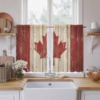 Canada Tier Curtains, Red Maple Leaf Flag Vintage Farmhouse Wooden Grain Light Filtering Kitchen Curtains, 2Pcs Rod Pocket Half Window Treatments Panels for Sink Cafe Cabinet Basement 27.5x45 Inches